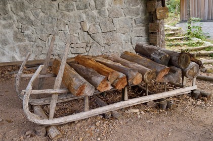France, Haut Rhin, Thannenkirch, hiking in the Taennchel massif, old granite quarry in the forest of Bergheim, old schlitte, sled that looks like a big sledge with a light and fairly flexible frame, usually made of wood