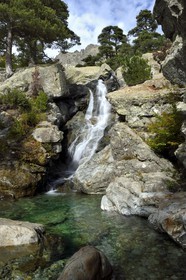 France, Haute-Corse (2B), Vivario, GR 20, étape entre le refuge de l'Onda et Vizzavona, foret de Vizzavona, les cascades des anglais, groupe de cascades dans la vallée de l'Agnone au pied du Monte d'Oro