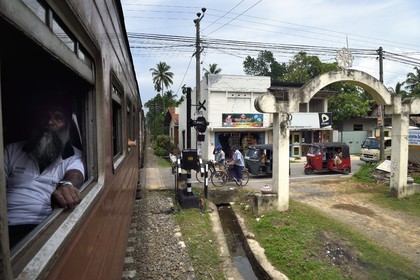 Sri Lanka, Province du Sud, train de Galle à Colombo, passage à niveau vers Pathegamgoda