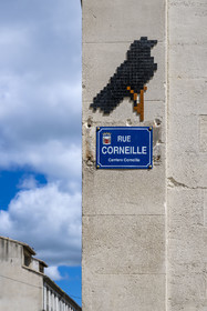 France, Vaucluse (84), Avignon, corneille en émaux pour habiller la plaque de rue de la rue Corneille par le street-artiste orléanais Mifamosa