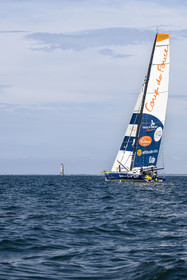 France, Vendee, Les Sables d'Olonne, skipper Manuel Cousin training on his 60-foot monohull sailboat IMOCA Coup de Pouce