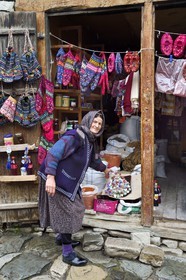 Azerbaijan, Ismailli region, Lahij (Lahic), shop selling traditional woolen slippers