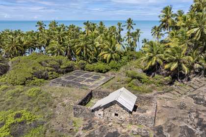 France, French Guiana, Kourou, Salvation Islands (Iles du Salut), Devil's Island, the hut served as a prison for Alfred Dreyfus from April 13, 1895 to June 9, 1899 (aerial view)