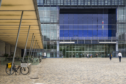 France, Herault, Montpellier, Port Marianne district, the City Hall designed by architects Jean Nouvel and François Fontes and its forecourt