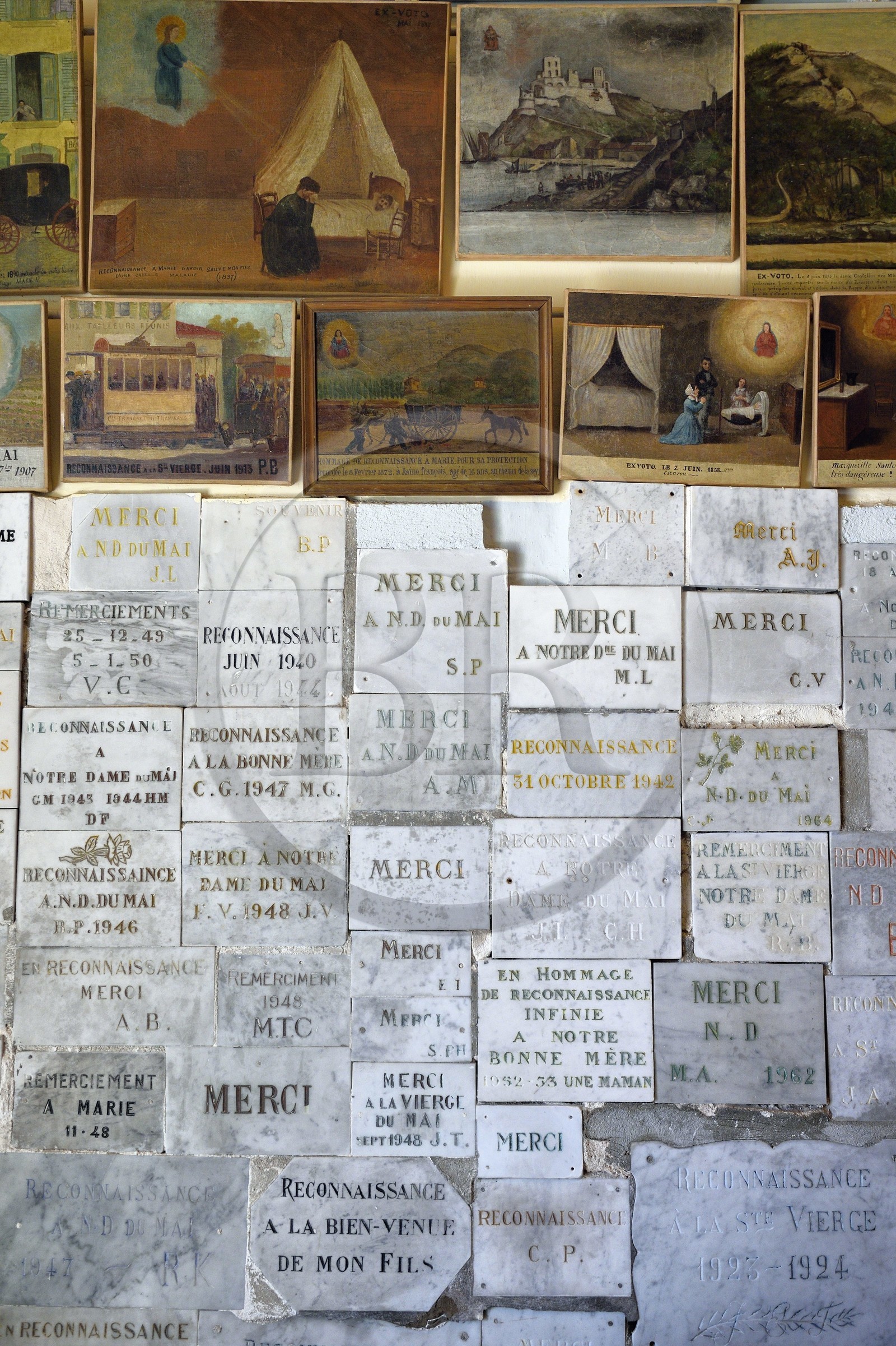 France, Var, Six Fours les Plages, hike in the Cap Sicie massif, the Notre Dame of May chapel, several hundred ex-votos come to testify to the attachment of believers for Notre-Dame-de-Bonne-Garde known as Notre-Dame-du-Mai