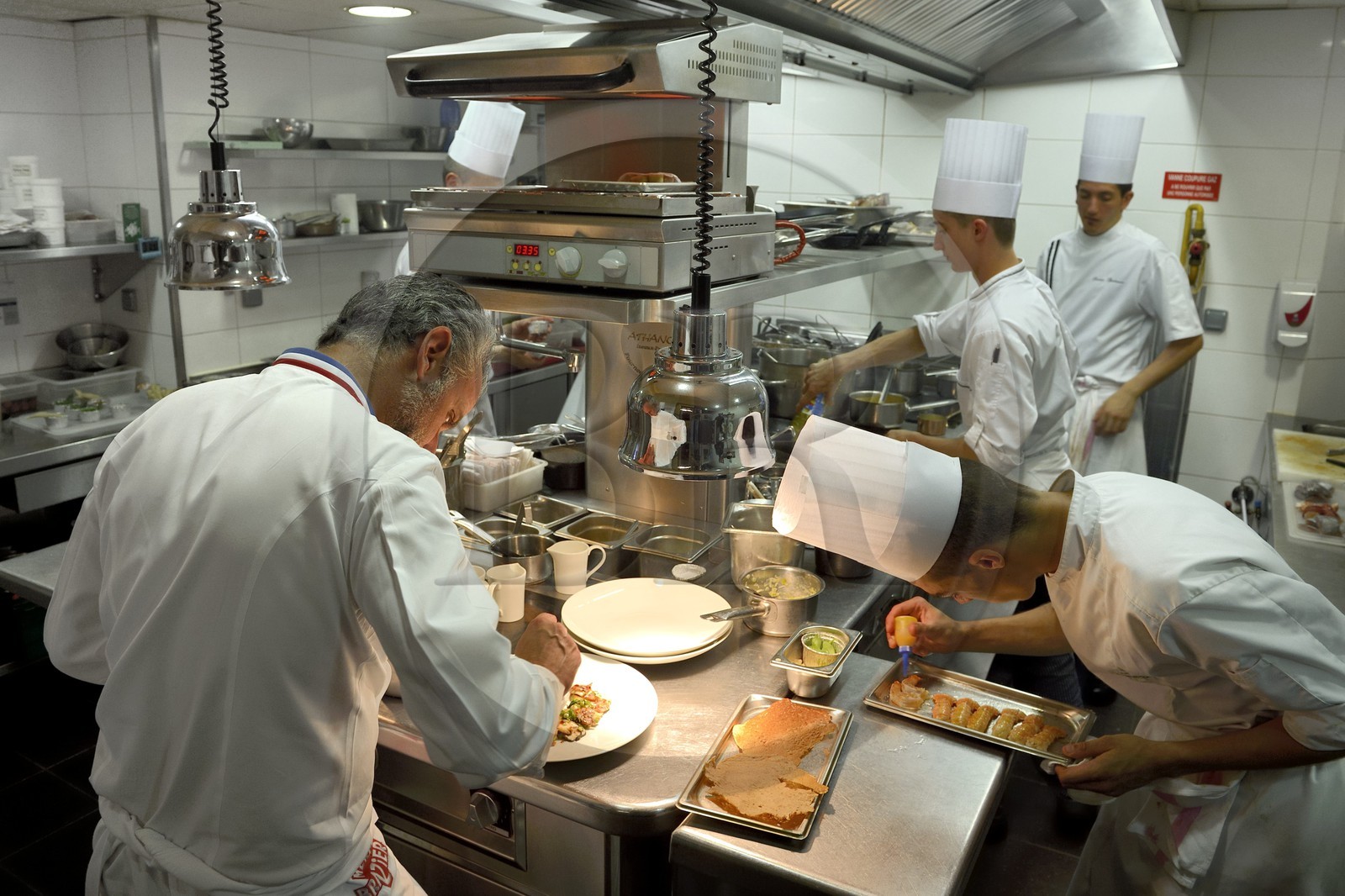 France, Rhone, Lyon, restaurant La Mère Brazier founded in 1921 by Eugenie Brazier, Mathieu Viannay two Michelin stars Chef and his kitchen brigade