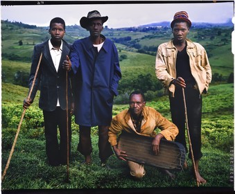 Burundi, province de Bujumbura, région d'Ijenda, pasteurs Tutsi, traditionnellement les Tutsi (batutsi) ont toujours été des éleveurs de vaches, ils seraient originaires de la région du Haut Nil et seraient arrivés dans la région des grands lacs entre le XIIIème et le XVIème siècle, l'homme accroupi joue d'un instrument à corde appelé inanga, à l'arrière plan on aperçoit des plantations de thé (reproduction plan-film inversible 4x5)