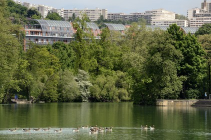 France, Rhone, Lyon, Parc de la Tete d'Or (Tete d'Or park), the Lake and the International City in the background