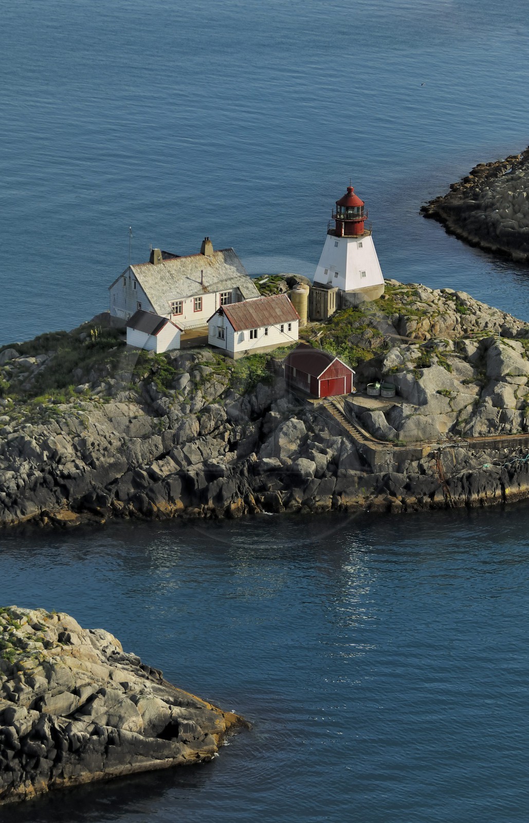 Norway, Nordland County, lighthouse of Moholmen off the Lofoten islands (aerial view)