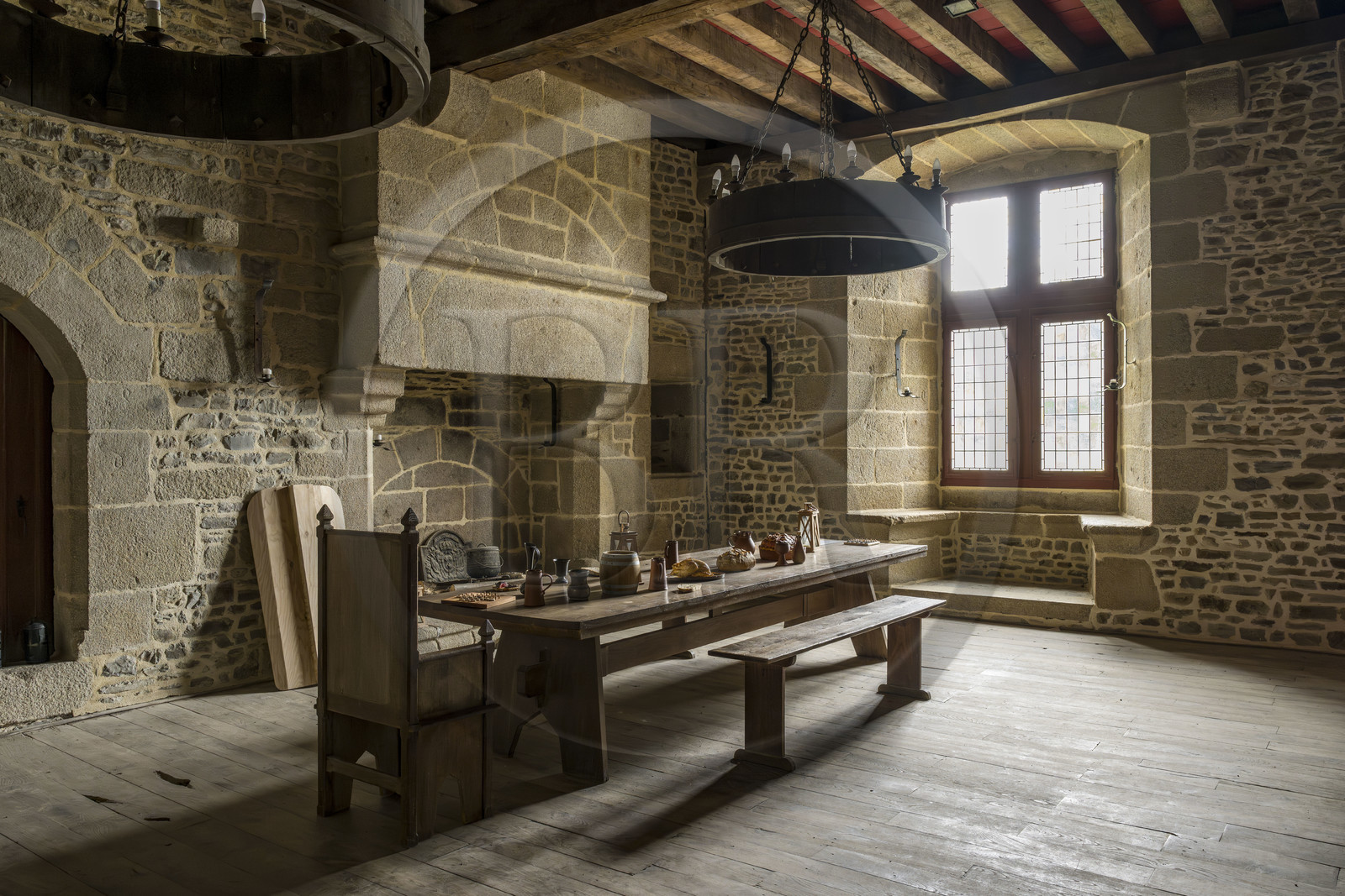 France, Ille-et-Vilaine, Fougeres, the 12th century fortified castle, interior of the guard room of the Surienne Tower