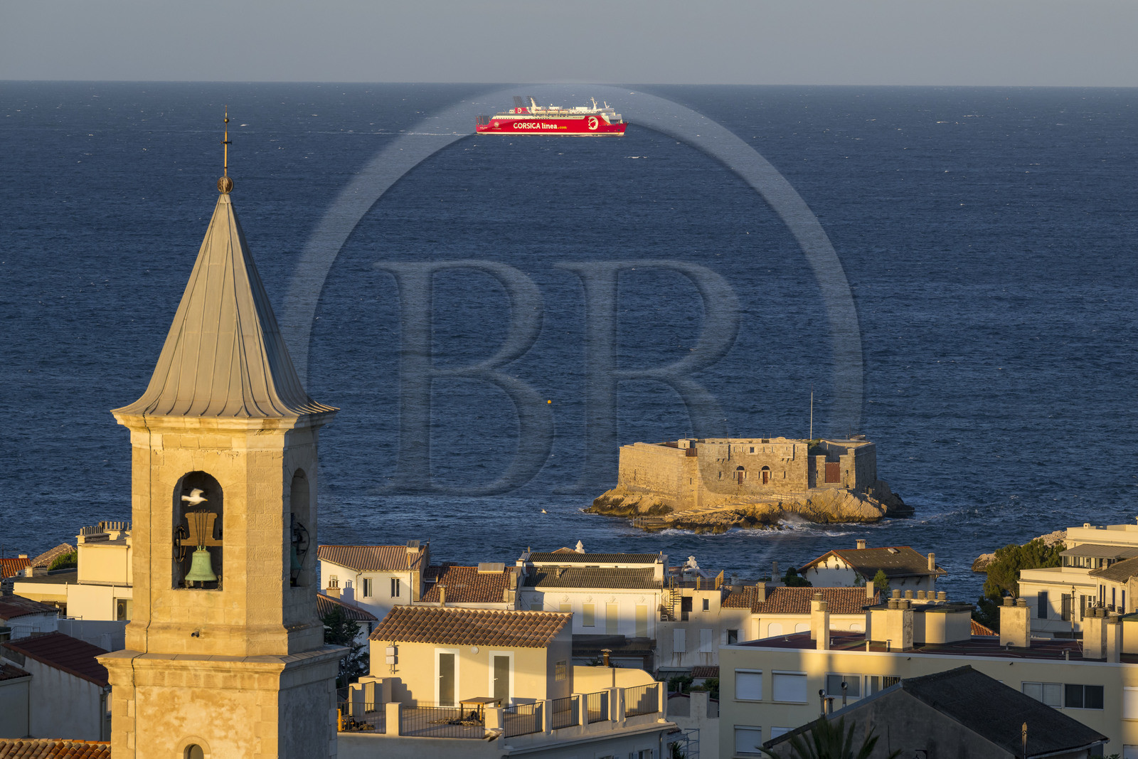 France, Bouches du Rhone, Marseille, Endoume district, Malmousque, Saint Eugene church and the small fort of the Degaby Island, arrival of the Corsica Linea ferry in the early morning