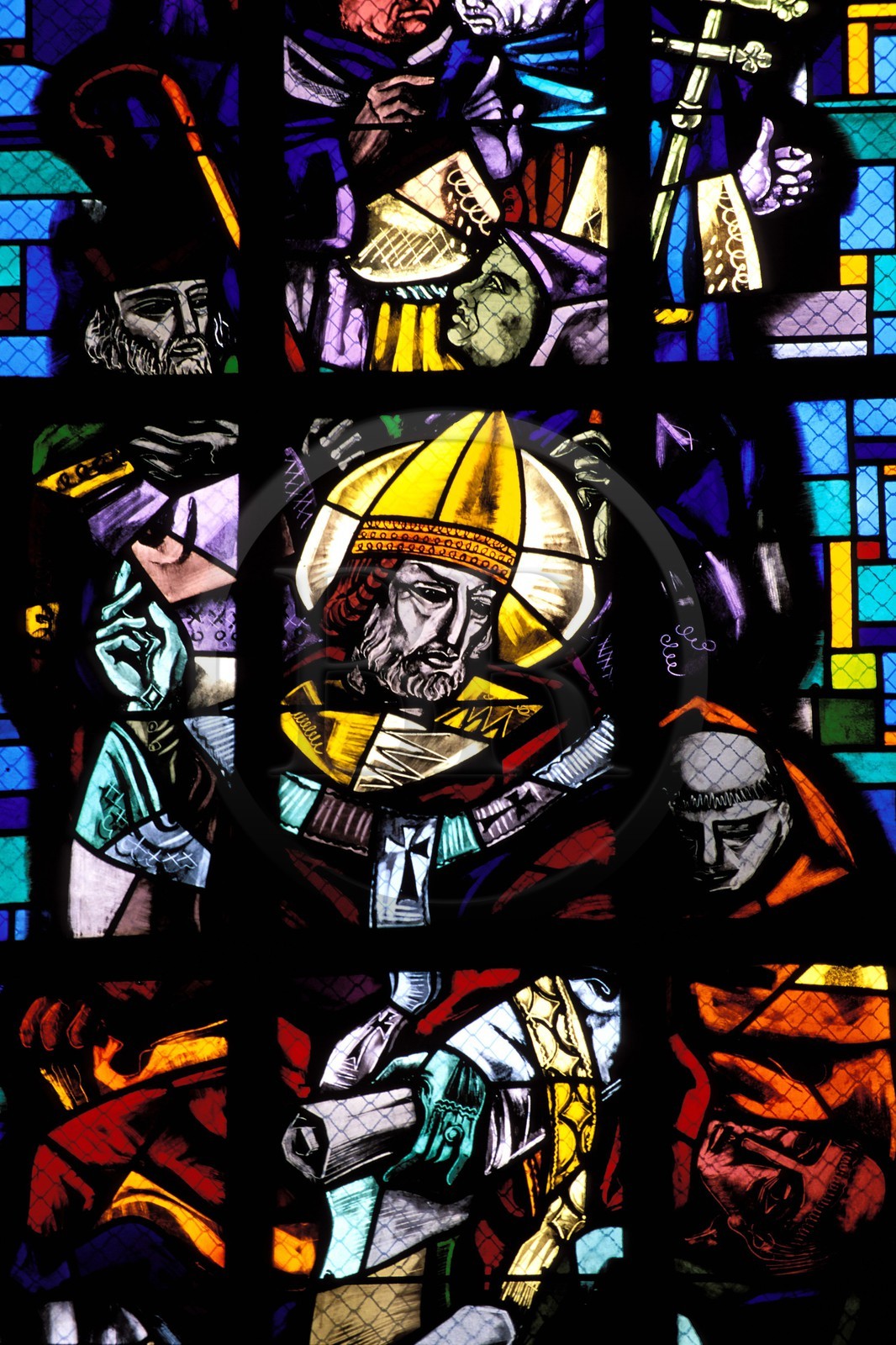 France, Haut Rhin, Eguisheim village, labelled Les Plus Beaux Villages de France (The Most Beautiful Villages of France), glass stained window in a church, representing the pope Leon IX