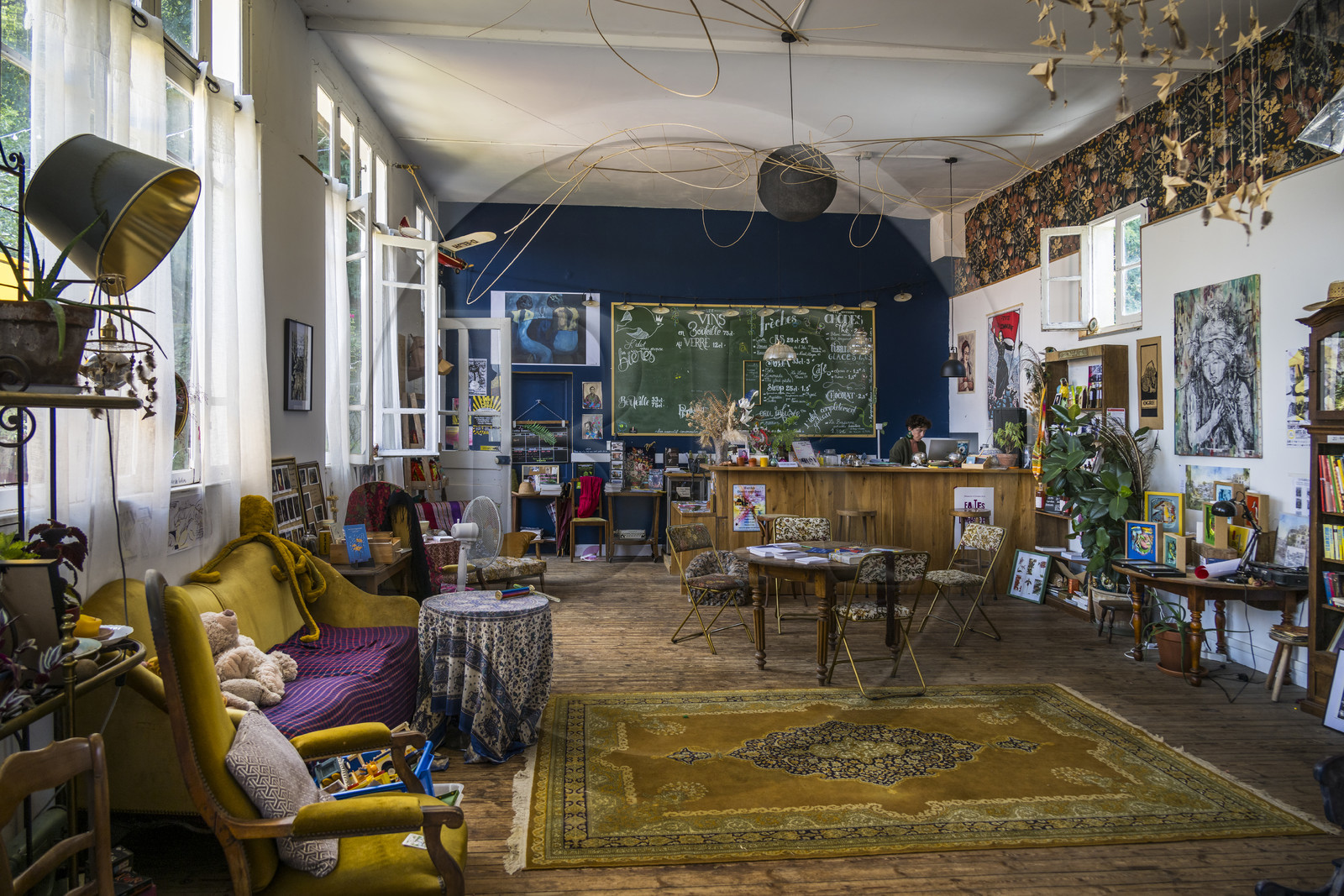 France, Maine-et-Loire, Loire valley listed as World Heritage by UNESCO, Gennes-Val-de-Loire, bookstore-café L'Idiot of the association Gabare And Co in the former school of the Girls of Chênehutte