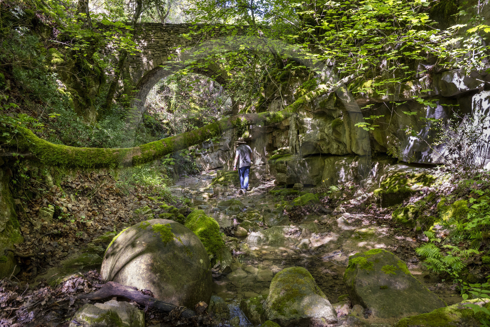 France, Vaucluse (84), Dentelles de Montmirail, Sablet, la rivière le Trignon surplombé par l'ancien pont de l'abbaye en ruine de moniales du VIIe siècle dans le vallon de Prébayon