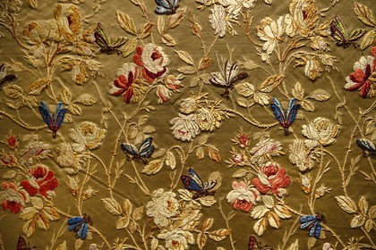 France, Rhone, Lyon, historical site listed as World Heritage by UNESCO, Textiles and Decorative Arts museum, Lyon silk, dress fabric decorated with roses, bees and butterflies (1889)