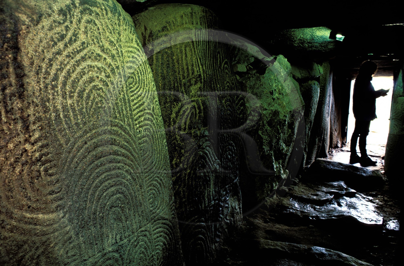 France, Morbihan, Gulf of Morbihan, covered gallery of engraved stones of the Gavrinis burial mound (tumulus) dated 3500 BC