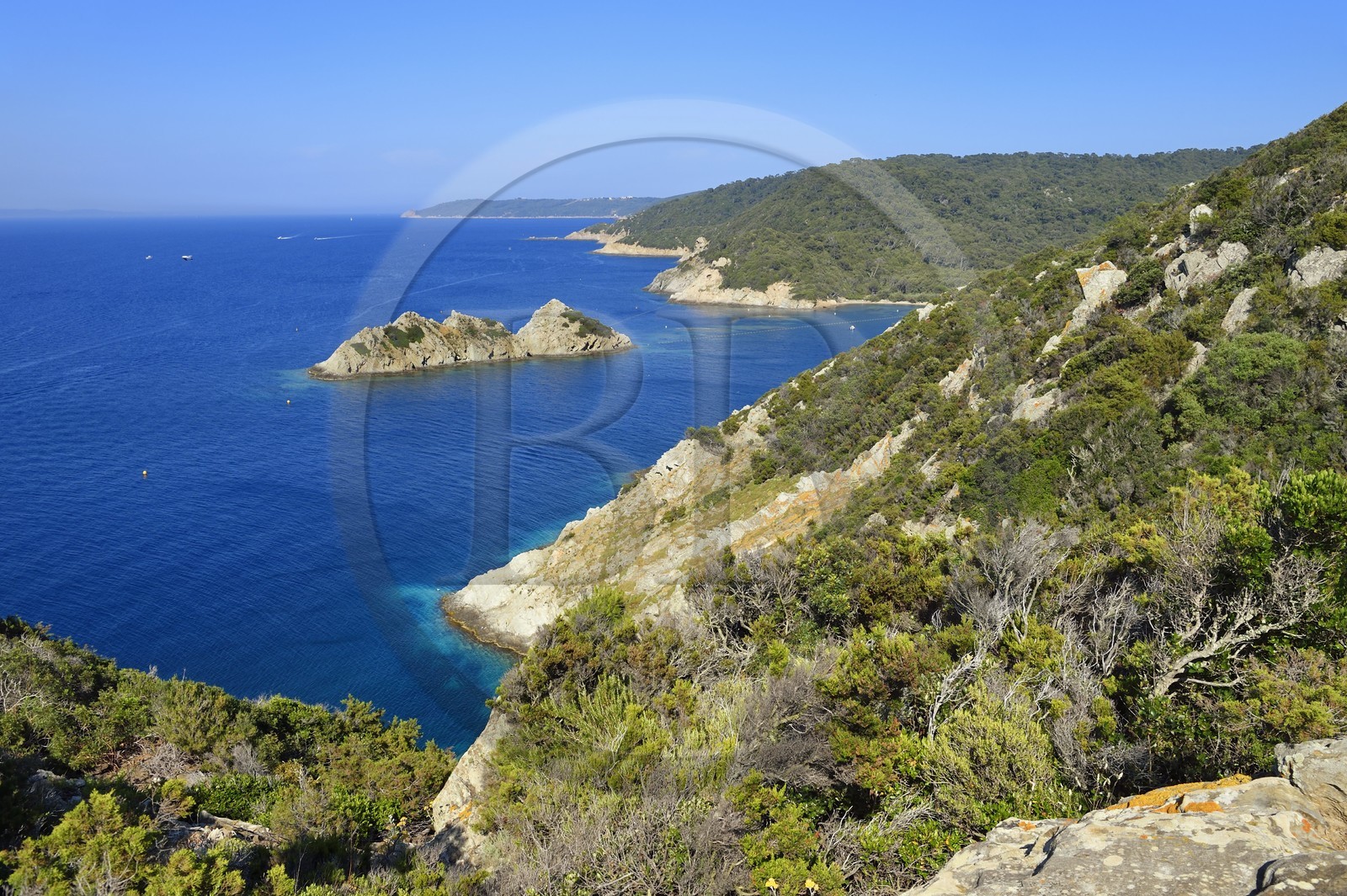 France, Var (83), Iles d'Hyères, Parc national de Port Cros, Ile de Port-Cros, plage de la Palud, Johann Cerisier, garde moniteur du parc national de Port-Cros en tournée de surveillance au rocher du Rascas (en arrière plan)