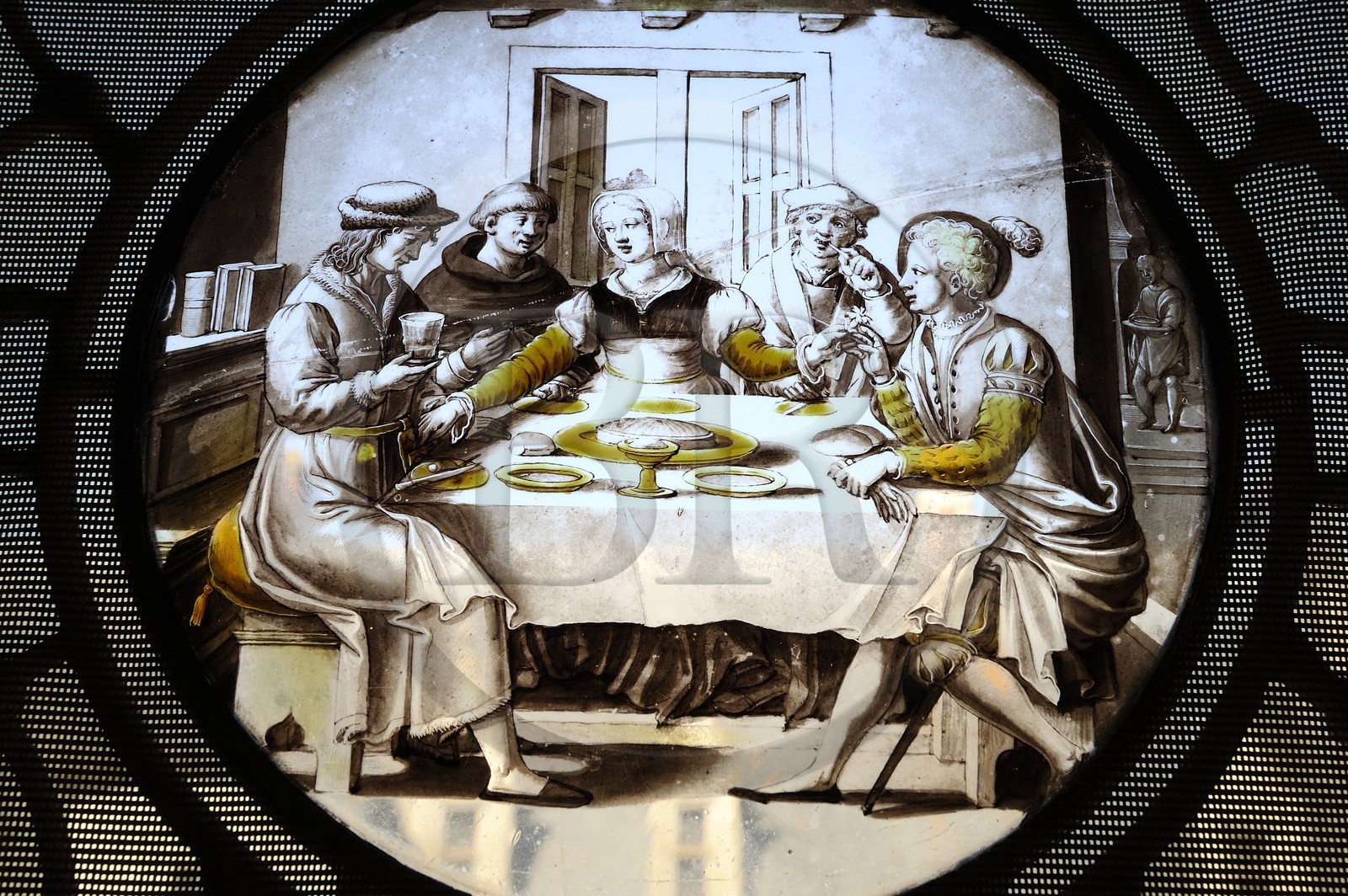 France, Loir-et-Cher (41), Vallée de la Loire classée Patrimoine Mondial de l'UNESCO, château de Chaumont-sur-Loire, médaillon en vitrail