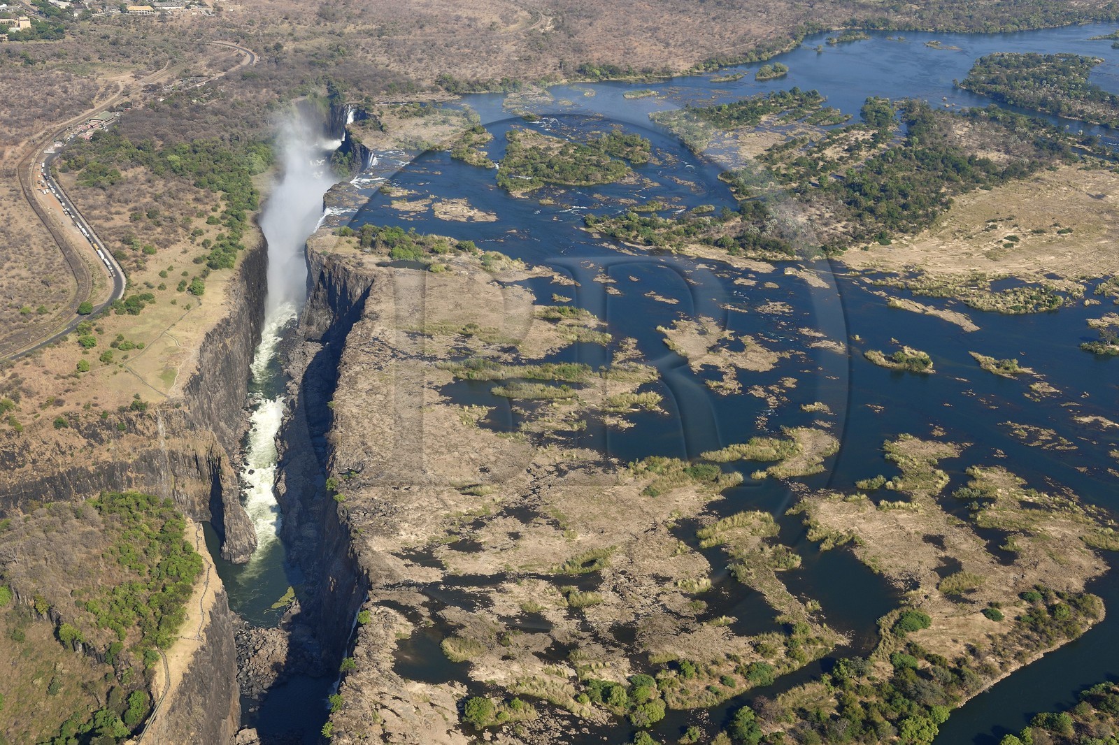 Zimbabwe, Matabeleland North Province,  Zambesi River, the Victoria Falls, listed as World Heritage by UNESCO (aerial view)