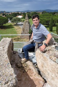 France, Var, Frejus, Forum Julii, plain of St. Croix, the archaeologist Pierre Excoffon at the top of the Roman aqueduct of the 1st century BCE