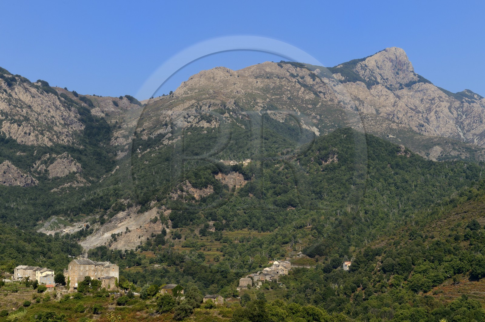France, Haute-Corse (2B), Castagniccia, le village de Piedipartino et de Pie d'Orezza en second plan au pied du mont San Petrone