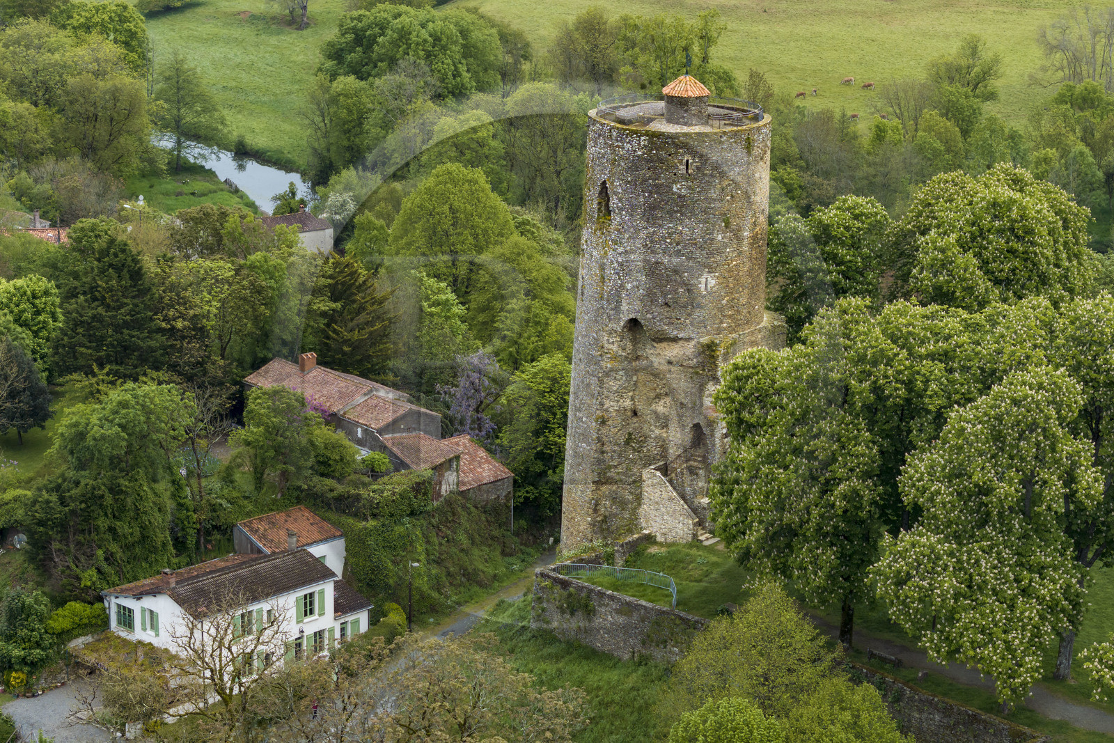 France, Vendée (85), Vouvant, labellisé Les Plus Beaux Villages de France, la tour Mélusine (vue aérienne)