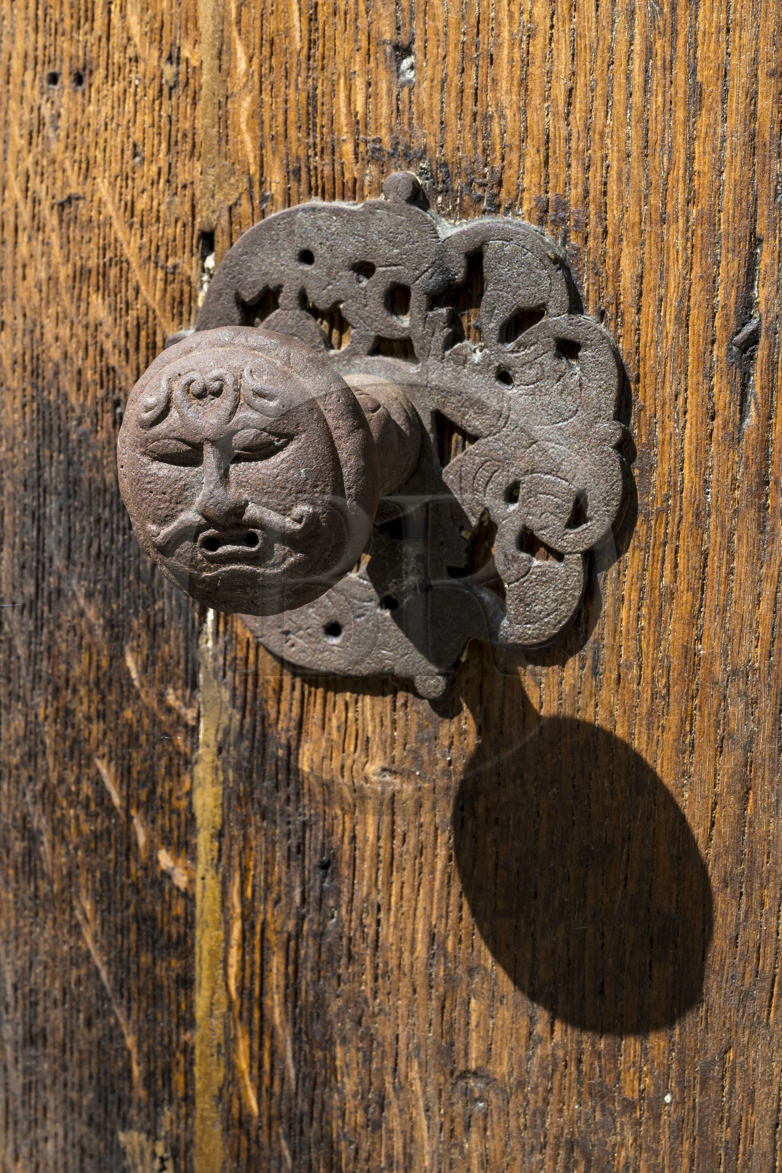France, Côte-d'Or (21), Dijon, zone classée Patrimoine Mondial de l'UNESCO, restaurant Le Chat qui Pense rue Monge, poignée de porte ouvragée représentant une tête