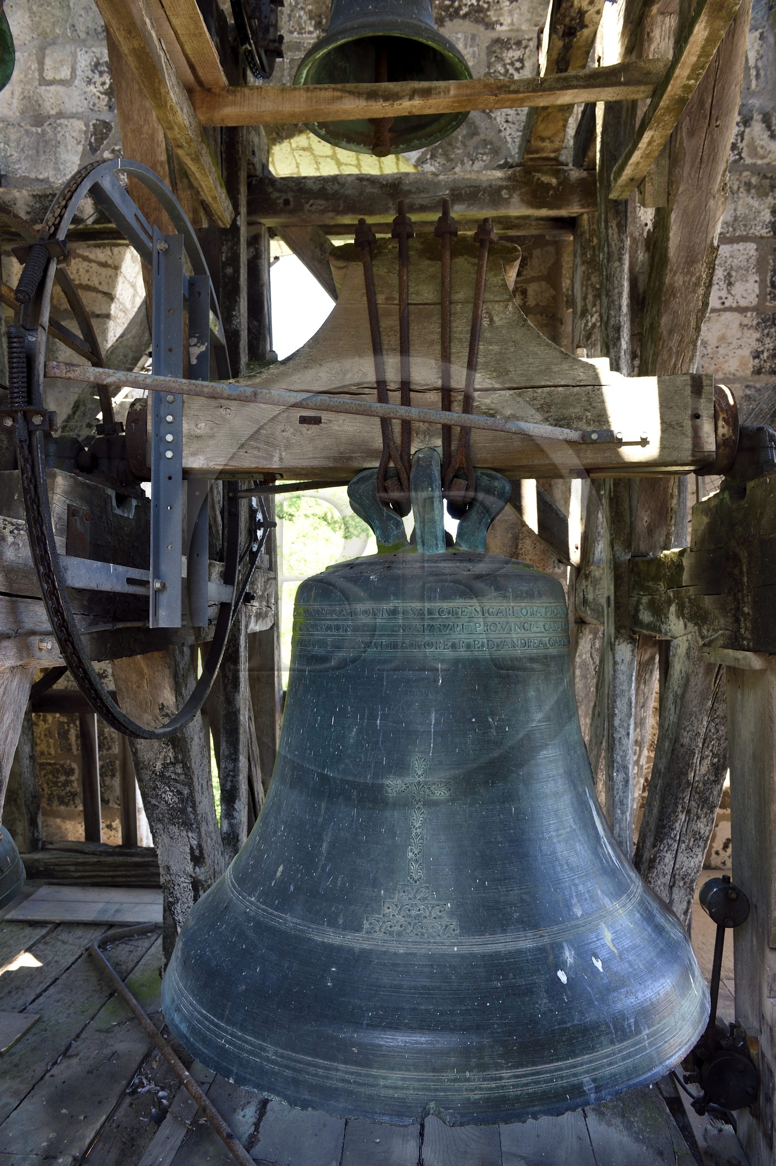 France, Dordogne, Brantome, Saint Pierre benedictine abbey, inside the bell tower of the abbey church (11th century); certainly the oldest bell tower in France, the Saint Sicaire bell dating from 1742