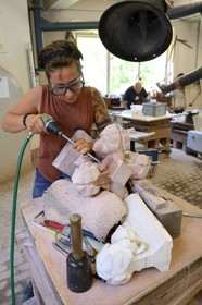 Germany, Baden-Wurttemberg, Freiburg im Breisgau, Mariella stone-cutter at the cathedral workshops