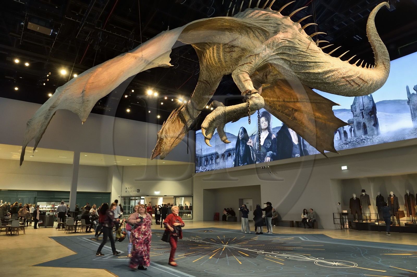 United Kingdom, Hertfordshire, Leavesden, Leavesden Film Studios, Harry Potter Studio Tour London, the scene of the eight Harry Potter movies' making of, giant flying dragon overlooking the visitors at the entrance of the exhibition