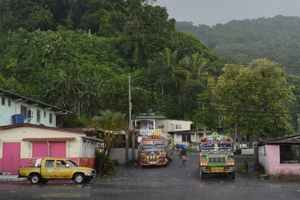 Panama, Colon province, Portobelo, bus called Diablo Rojo (Red Devil) covered with garish paintings