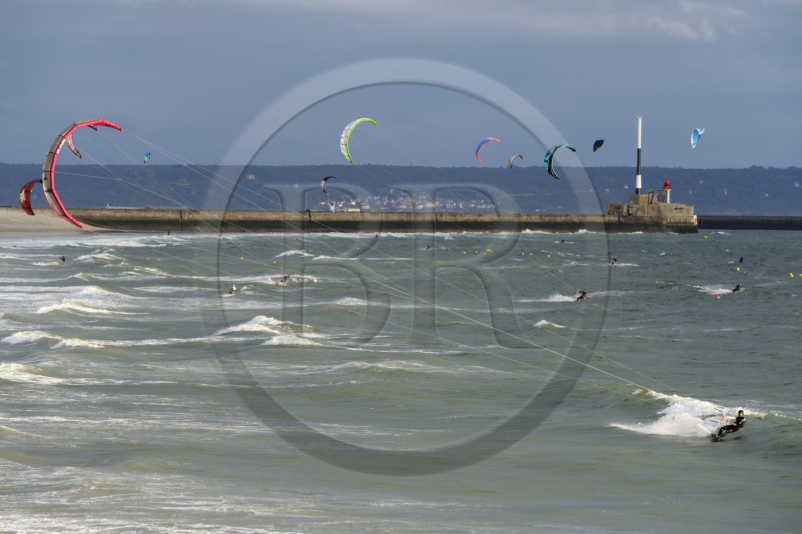 France, Seine Maritime, Le Havre, kitesurfing on the main beach at the harbor entrance