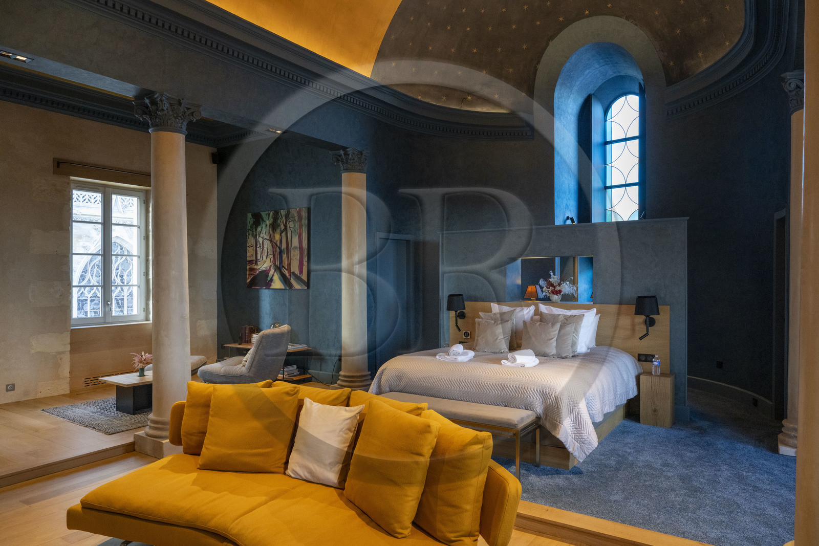 France, Nièvre, Nevers, Les Suites du Palais, four high-end apartments located in the former diocesan buildings, the Chapel apartment, a blue and designer cocoon with a breathtaking view of the cathedral