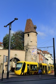 France, Haut Rhin, Mulhouse, tramway in front of Bollwerk Tower