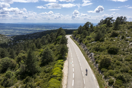 France, Vaucluse, Parc Naturel Regional du Mont Ventoux, Beaumont du Ventoux, D974 road on the northern slope of Mont Ventoux (aerial view)