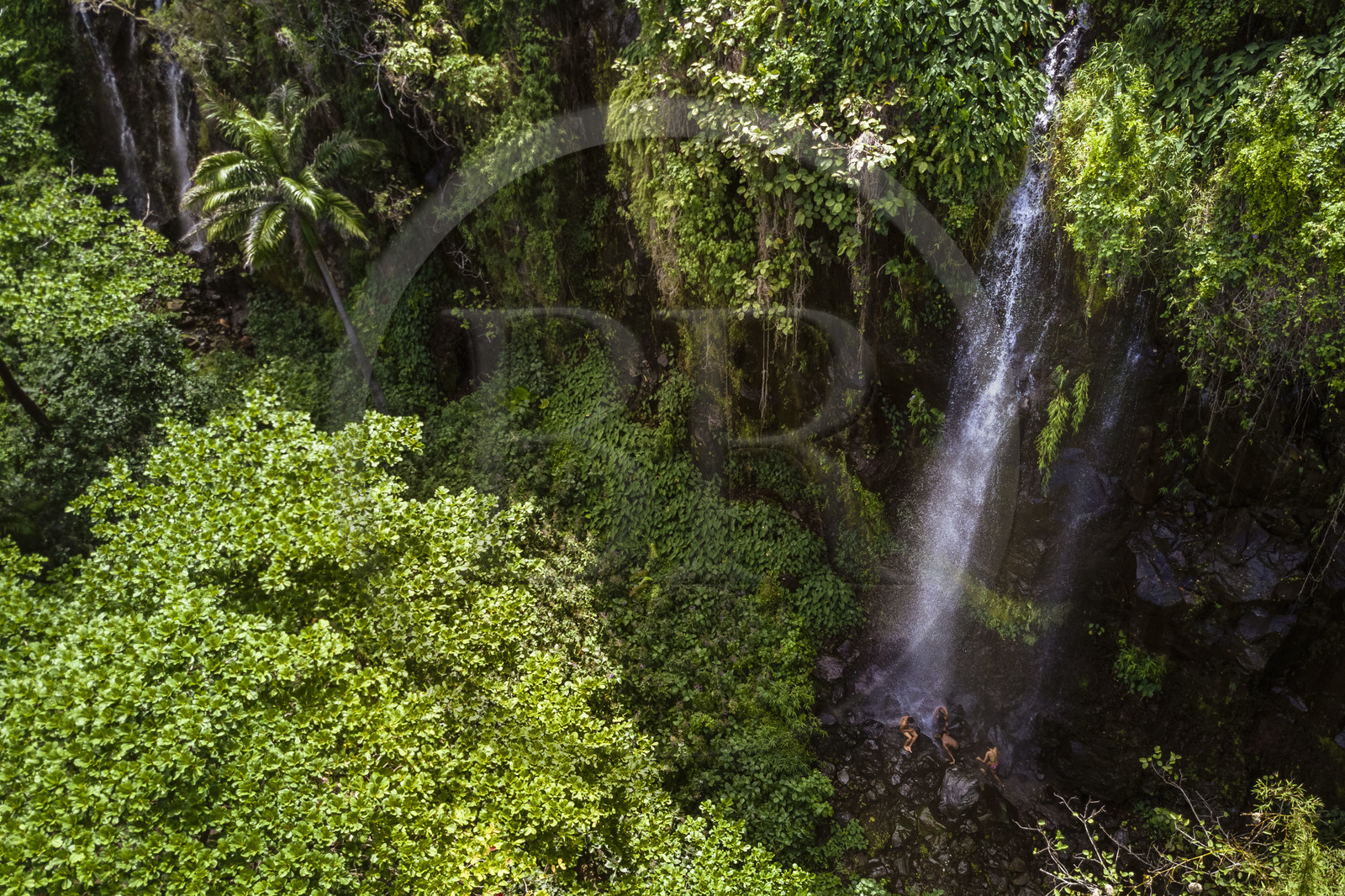 France, Ile de la Reunion, Parc national de La Réunion, classé Patrimoine Mondial de l'UNESCO, Sainte-Rose, anse des Cascades, enfants créoles se baignant sous une cascade (vue aérienne)