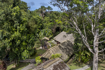 France, French Guiana, the carbet (shelter) at Camp Maripas on the banks of the Kourou river (aerial view)