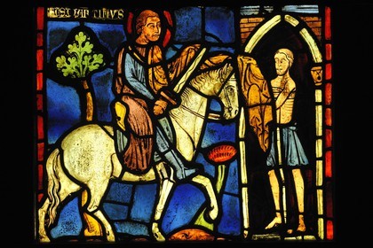 France, Paris, Musee du Moyen-Age (Middle Ages Museum), the former Hotel de Cluny, stained-glass window representing the Charity of Saint Martin, by 1220, origin church of Varenne-Jarcy, Essonne