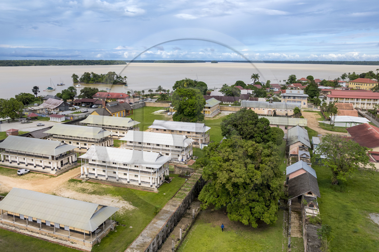 France, French Guiana, Saint-Laurent-du-Maroni, Penal colony or Transportation Camp, on the banks of the Maroni River (aerial view)