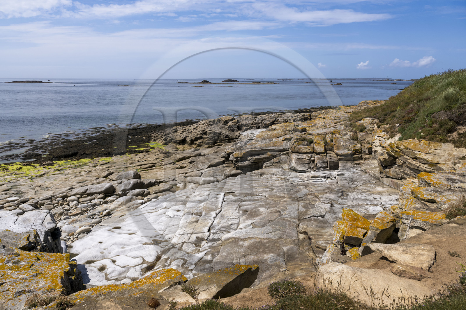 France, Finistère, Iroise Sea, Molene Island, Christine Demeure who manages the only grocery store on the island during her daily walk on the wild west coast, Flat Stones shore