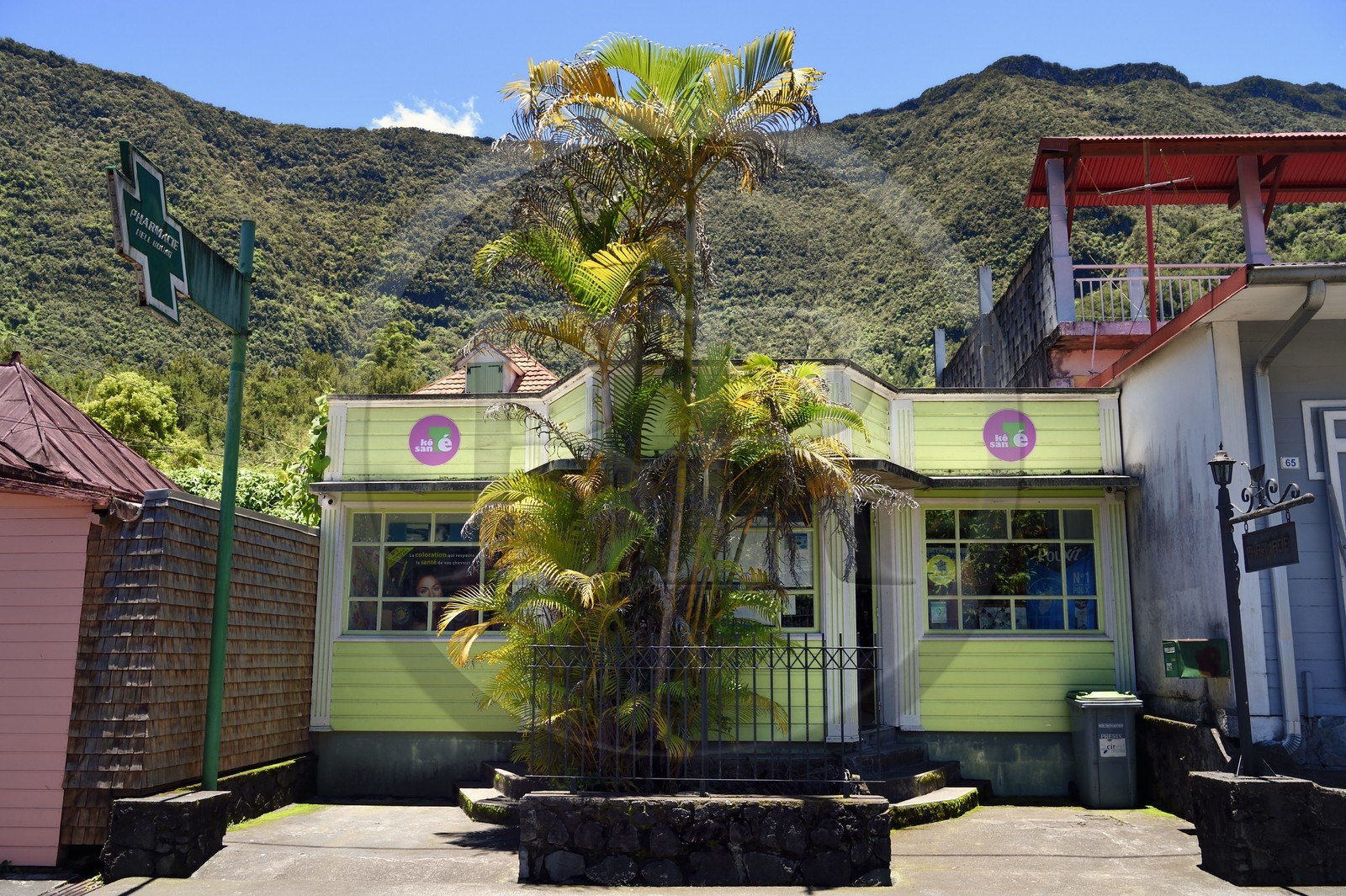 France, Reunion island (French overseas department), Cirque de Salazie, listed as World Heritage by UNESCO, Hell-Bourg, labeled labelled Les Plus Beaux Villages de France (The Most Beautiful Villages of France), the pharmacy in the main street rue du Général De Gaulle