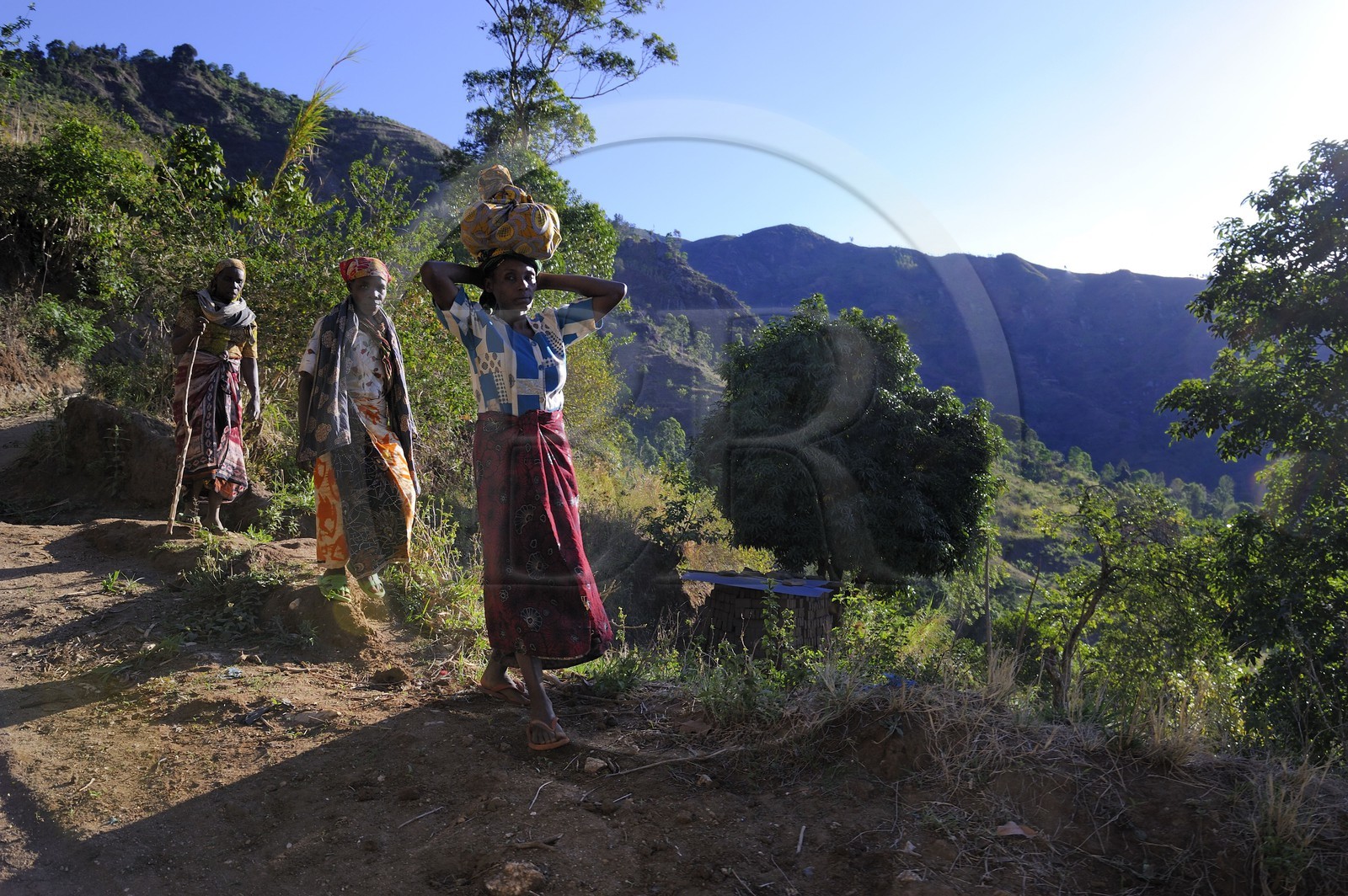 Tanzanie, région de Morogoro, les Monts Uluguru, trois femmes descendant la montagne aux alentours de l'ancien refuge allemand de Morningside