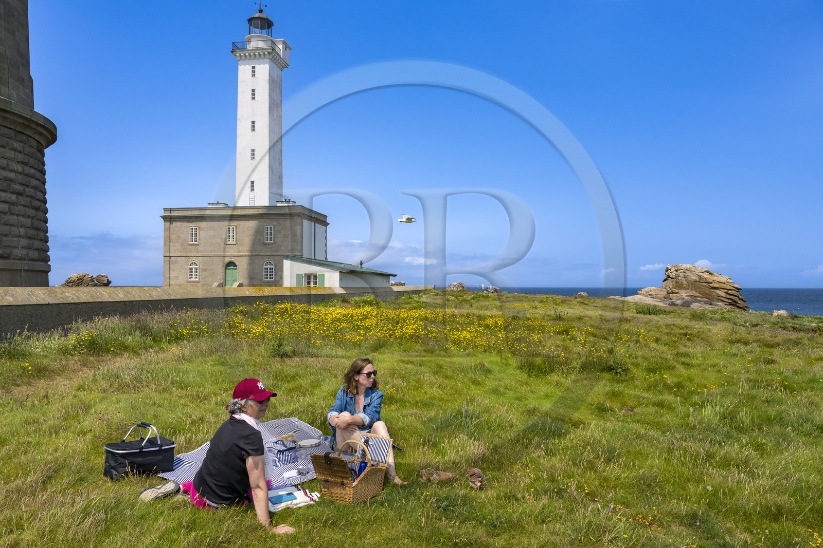 France, Finistère (29), Pays des Abers, Ile Vierge dans l'archipel de Lilia, picnic au pied du phare de l'Ile Vierge, l’ancien phare de 1845 en arrière plan