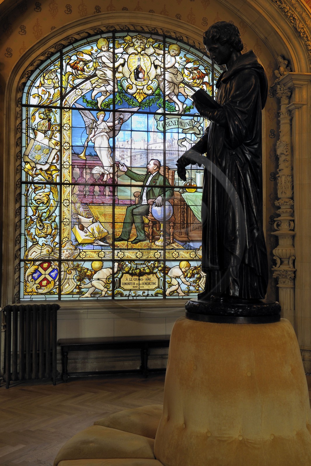 France, Seine Maritime, Pays de Caux, Cote d'Albatre, Fecamp, Benedictine Palace in Neo Gothic and Neo-Renaissance styles, stained glass depicting Alexander Le Grand the producer of the Benedictine herbal liquor