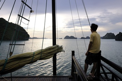 Vietnam, province de Quang Ninh, la Baie d'Halong classée Patrimoine Mondial de l'UNESCO vue depuis le pont de la jonque de la compagnie de croisière Bahya