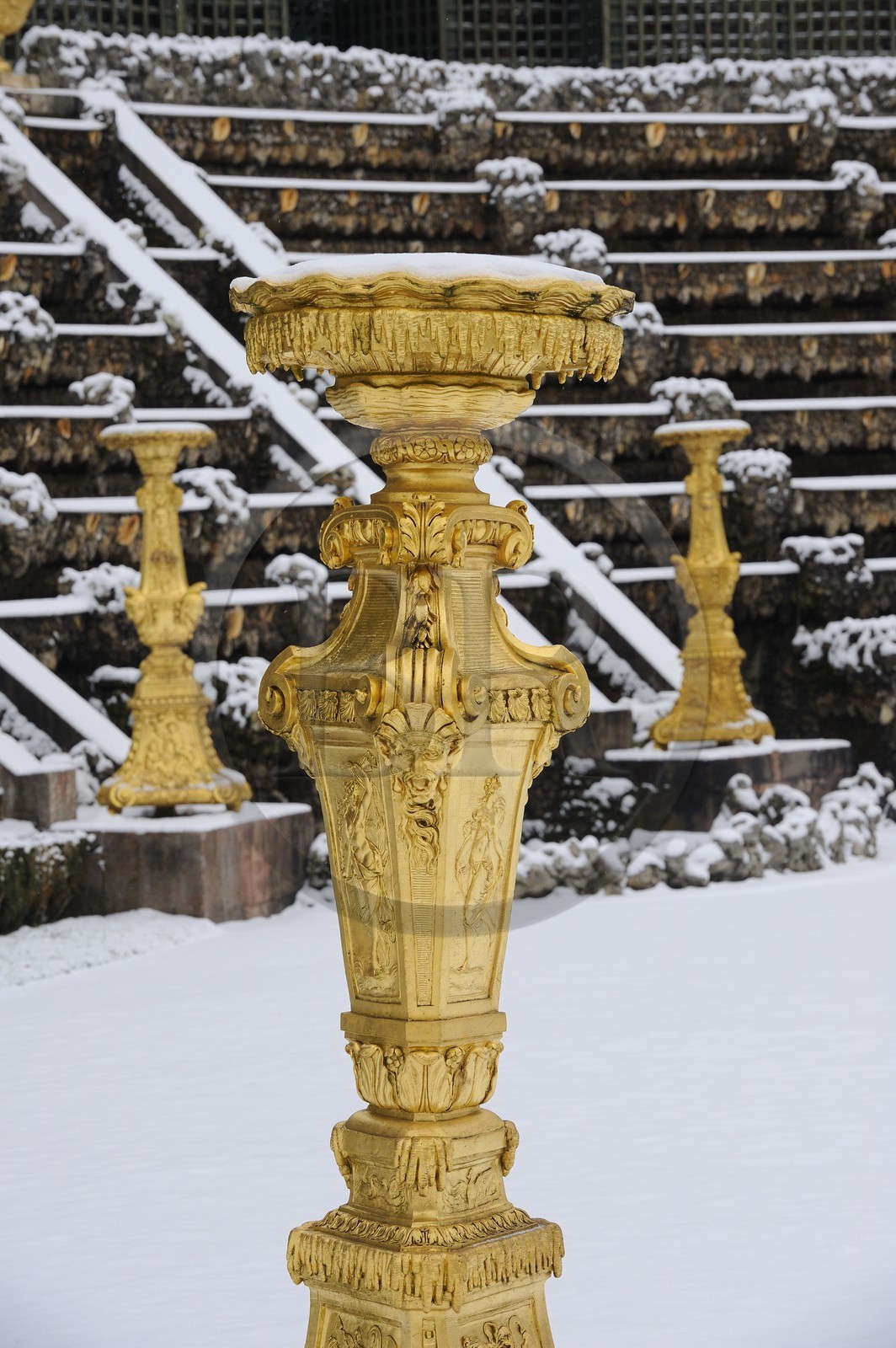 France, Yvelines, snow covered park of the Chateau de Versailles, listed as World Heritage by UNESCO, the Bosquet de la Salle de Bal (Ballroom Grove)