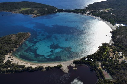 France, Corse du Sud, Bouche de Bonifacio Nature Reserve, Rondinara bay and beach (aerial view)