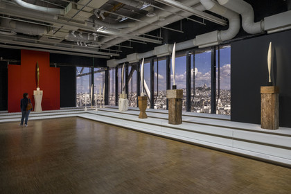 France, Paris (75), quartier des Halles, le Centre Pompidou aussi apellé Beaubourg, Musée National d'Art Moderne (MNAM), exposition retrospective Brancusi, L'Envol, sculptures de la série des Oiseaux dans l'Espace, en arrière plan la basilique du Sacré-Coeur sur la butte Montmartre