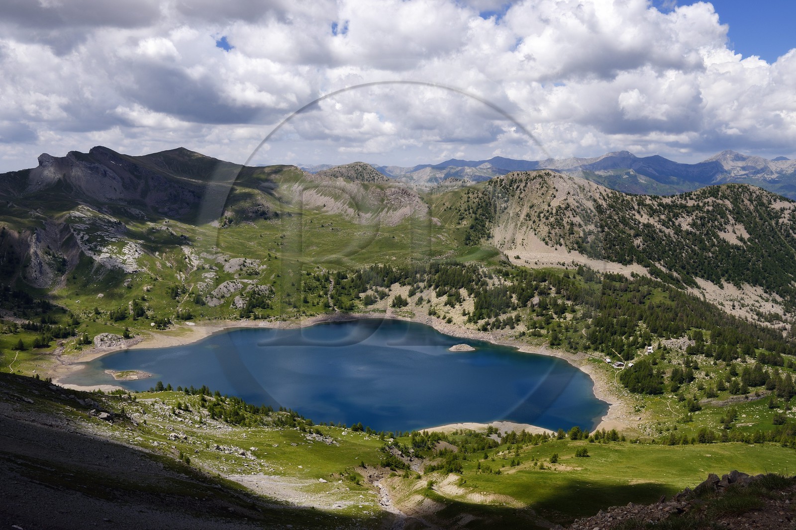 France, Alpes de Haute Provence, Uvernet Fours, Mercantour National Park, Ubaye valley, lake tour hiking trail of the Cayolle pass, Allos lake and the Verdon valley in the background