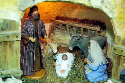 France, Bouches du Rhone, Les Baux de Provence village, labelled Les Plus Beaux Villages de France (The Most Beautiful Villages of France), ornamental figures by Jacqueline Peyron Campagna